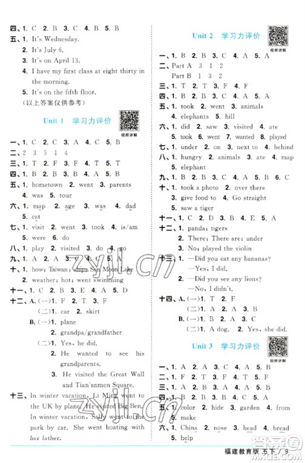 江西教育出版社2023陽光同學(xué)課時優(yōu)化作業(yè)五年級英語下冊閩教版福建專版參考答案