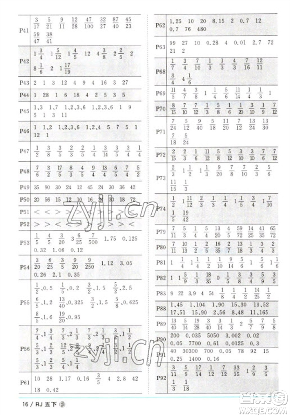 福建少年兒童出版社2023陽光同學(xué)課時優(yōu)化作業(yè)五年級數(shù)學(xué)下冊人教版福建專版參考答案