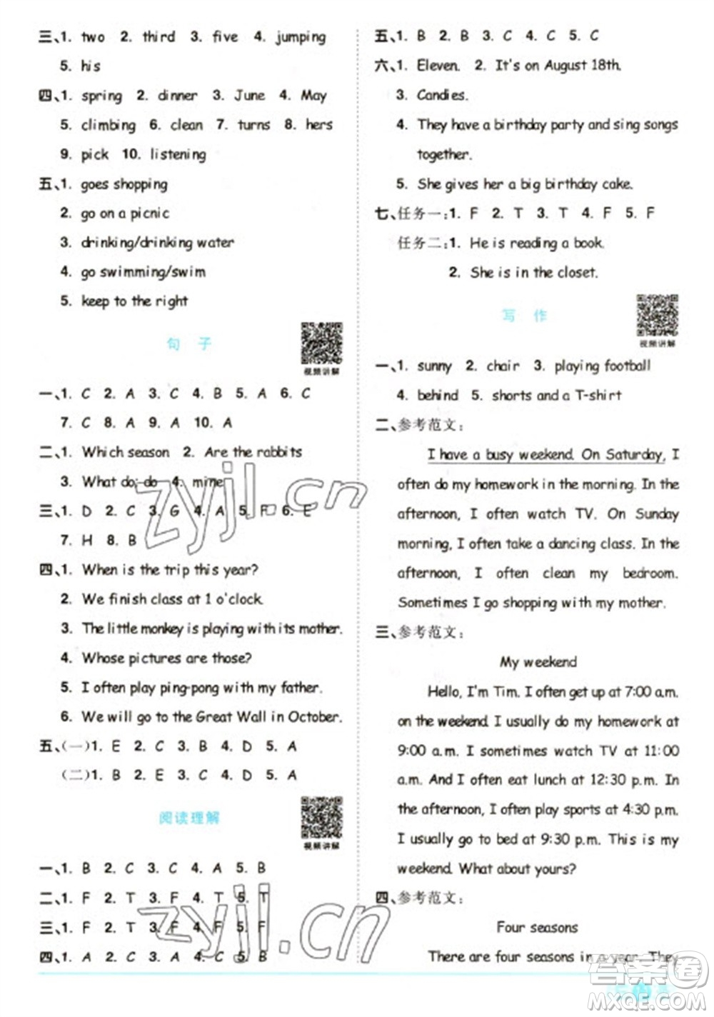 江西教育出版社2023陽光同學(xué)課時(shí)優(yōu)化作業(yè)五年級(jí)英語下冊(cè)人教PEP版參考答案