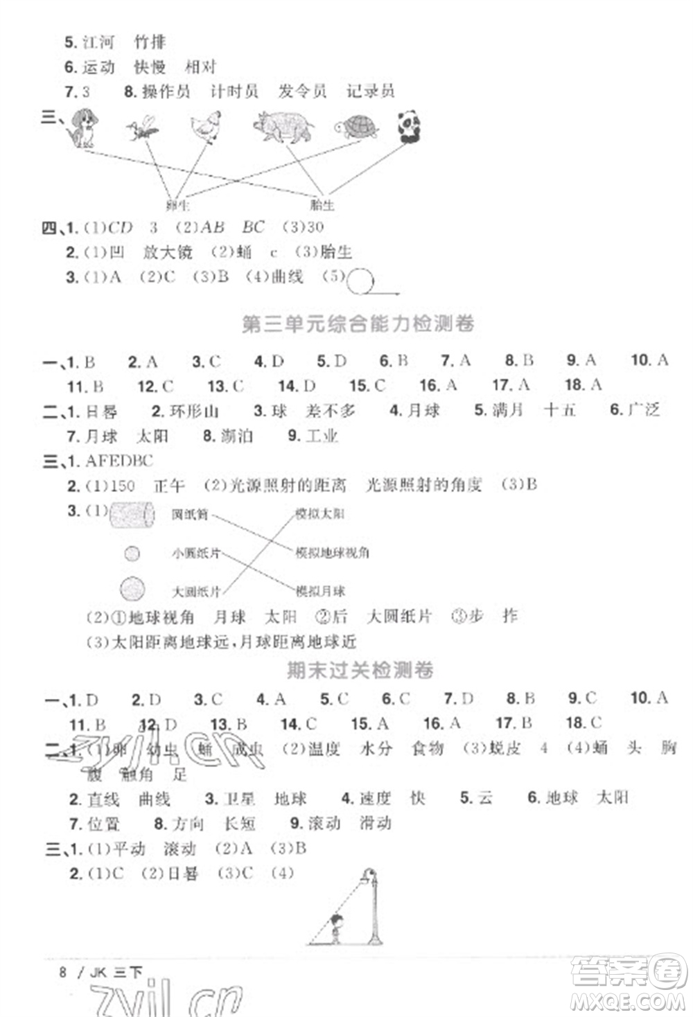 江西教育出版社2023陽光同學課時優(yōu)化作業(yè)三年級科學下冊教科版參考答案