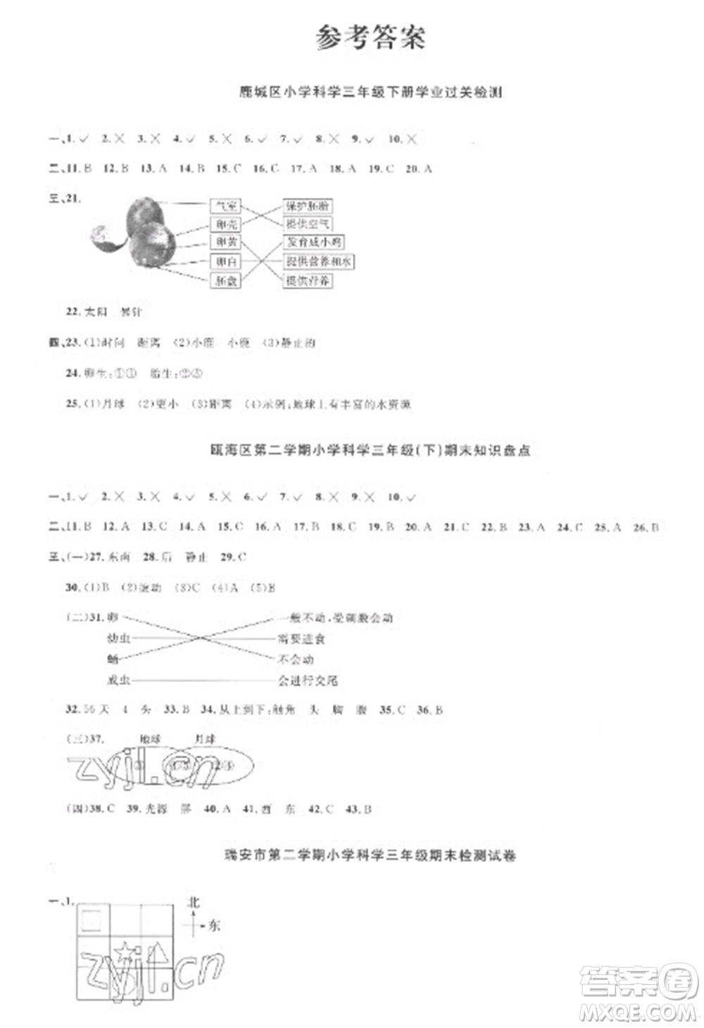 江西教育出版社2023陽光同學課時優(yōu)化作業(yè)三年級科學下冊教科版參考答案