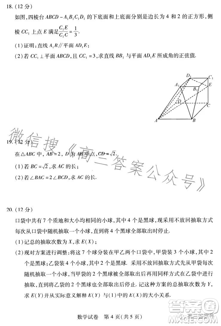 武漢市2023屆高三2月調(diào)研考試數(shù)學(xué)試卷答案