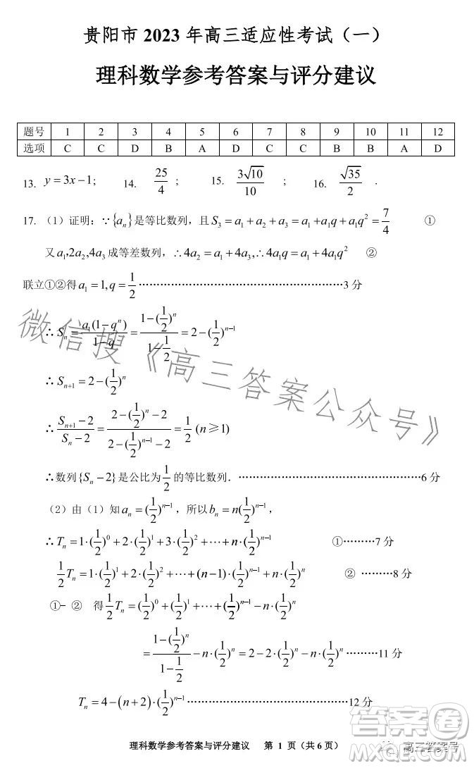 銅仁市2023高三適應性考試一理科數(shù)學試卷答案