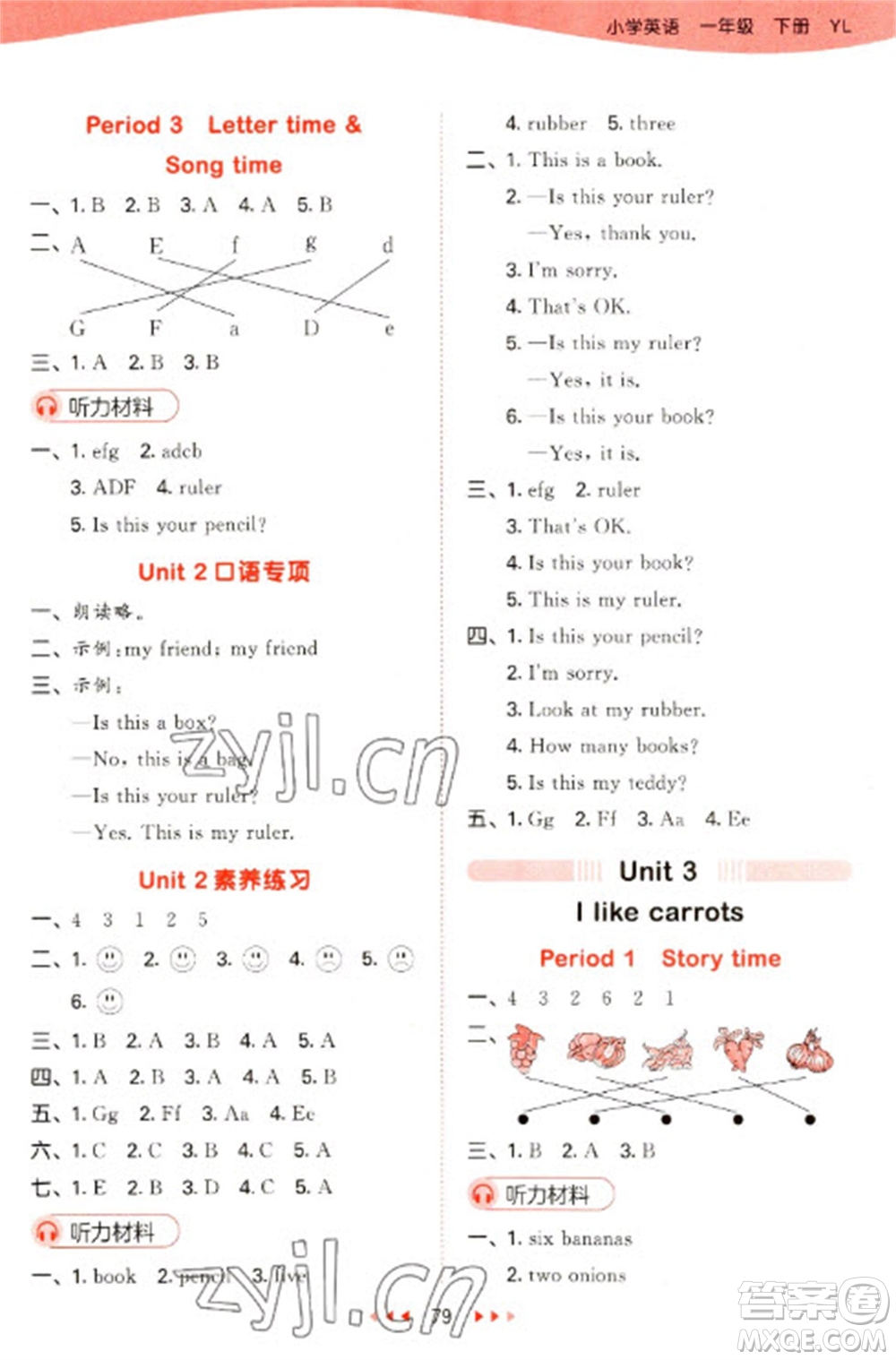 地質(zhì)出版社2023春季53天天練一年級英語下冊譯林版參考答案