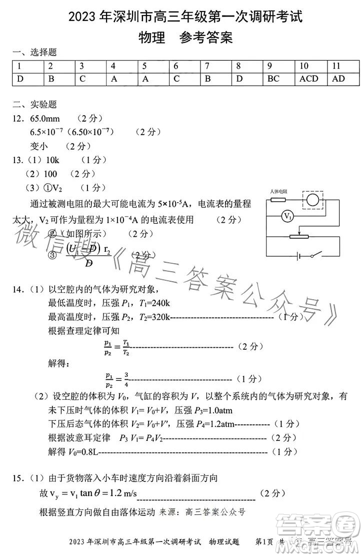 2023年深圳市高三年級第一次調(diào)研考試物理試卷答案