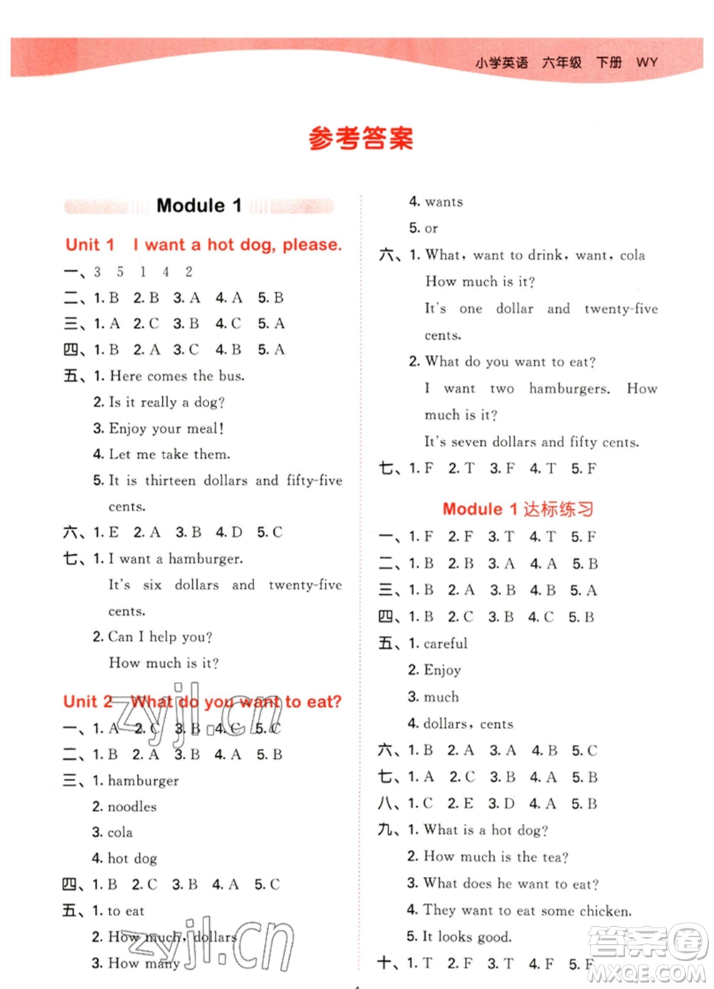 地質(zhì)出版社2023春季53天天練六年級(jí)英語(yǔ)下冊(cè)外研版參考答案