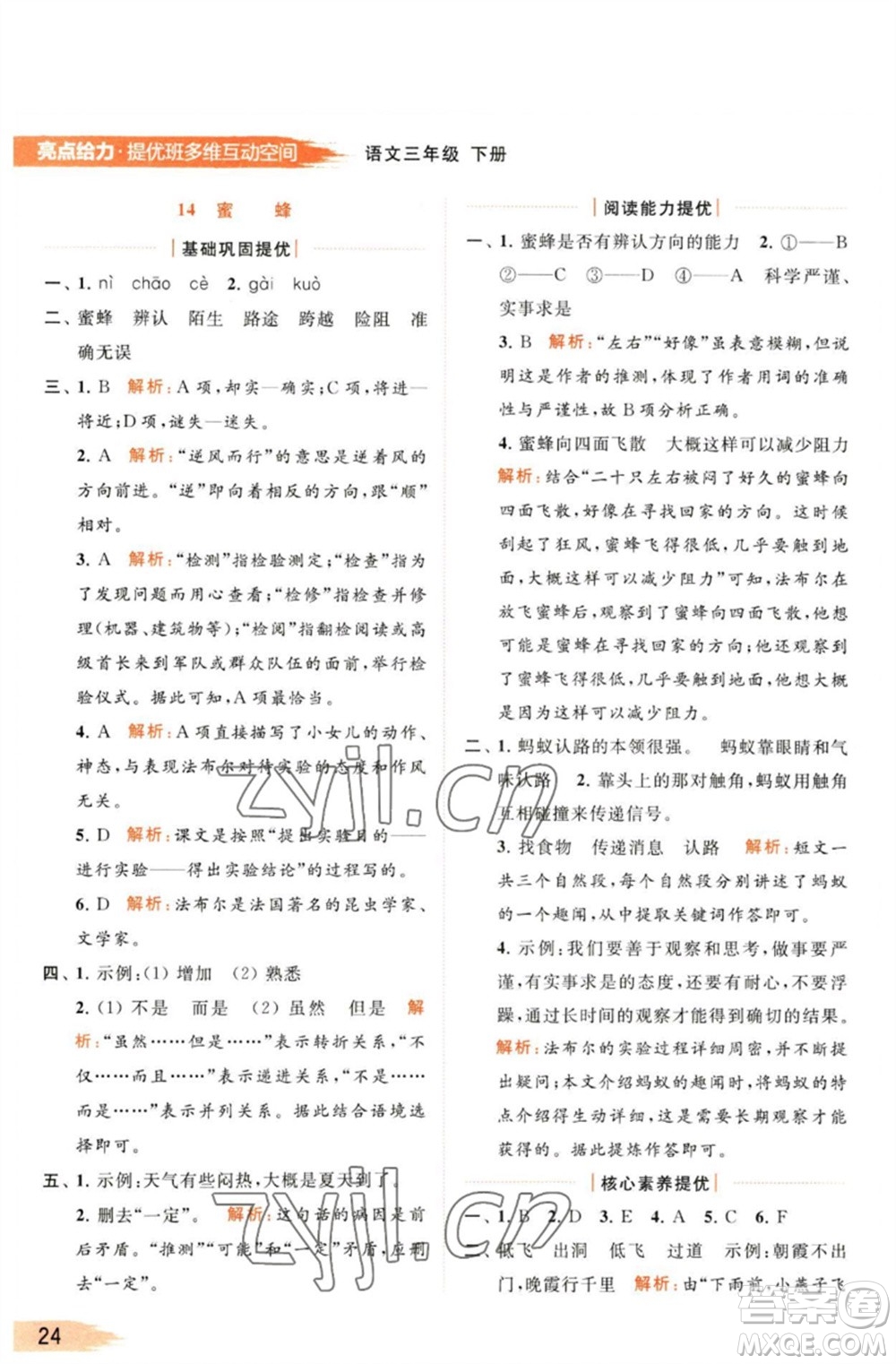 北京教育出版社2023亮點(diǎn)給力提優(yōu)班多維互動空間三年級語文下冊人教版參考答案