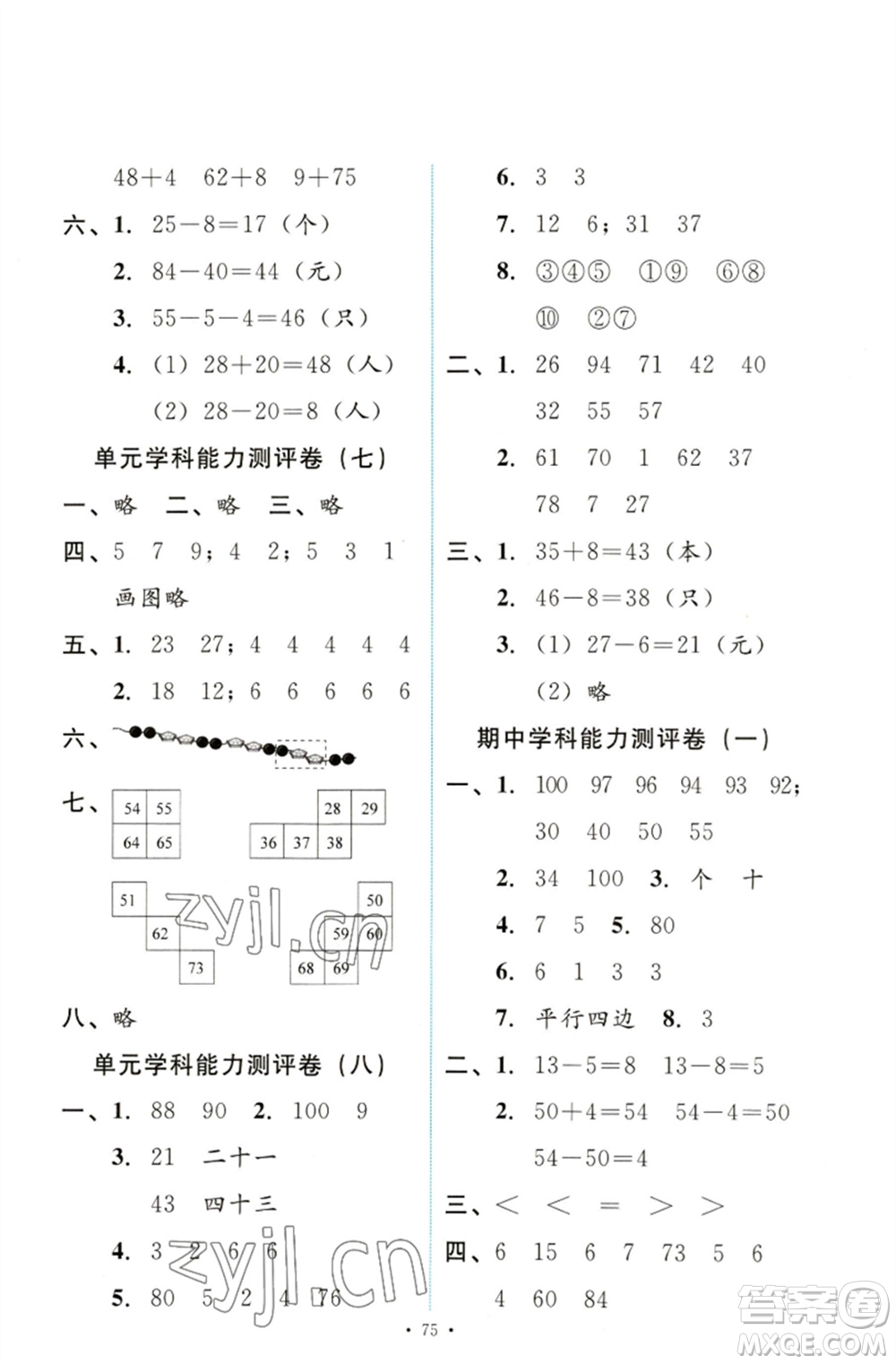 人民教育出版社2023能力培養(yǎng)與測試一年級(jí)數(shù)學(xué)下冊人教版參考答案