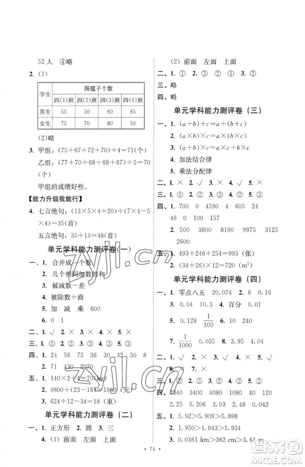 人民教育出版社2023能力培養(yǎng)與測(cè)試四年級(jí)數(shù)學(xué)下冊(cè)人教版湖南專(zhuān)版參考答案