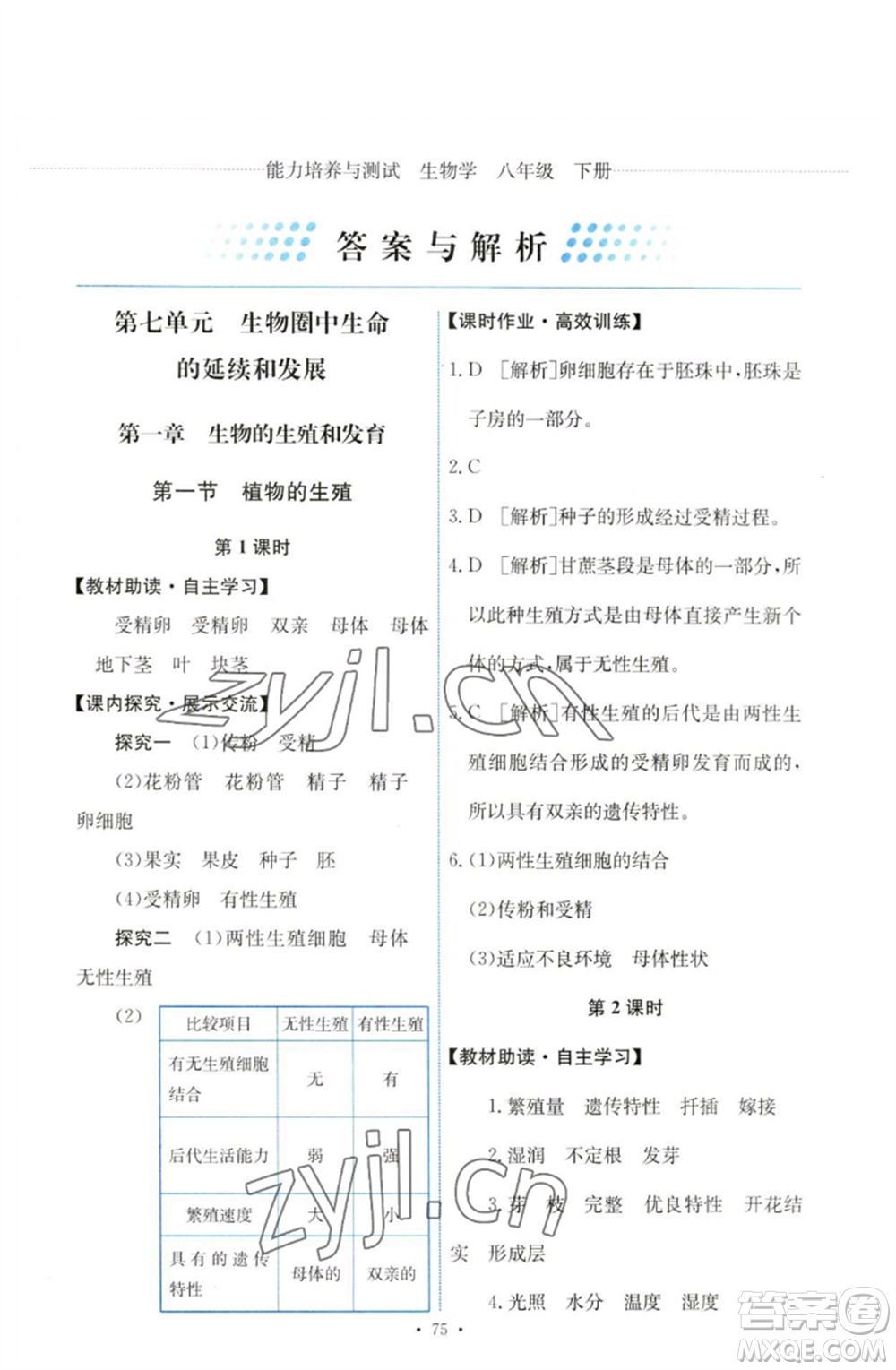 人民教育出版社2023能力培養(yǎng)與測試八年級生物下冊人教版參考答案