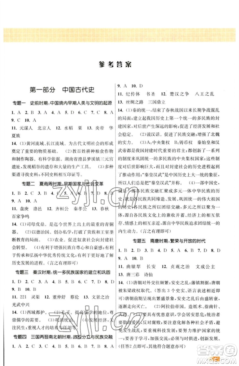 江蘇鳳凰美術出版社2023課時提優(yōu)計劃作業(yè)本九年級歷史中考總復習通用版參考答案