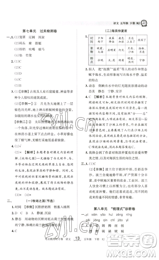 江西人民出版社2023王朝霞考點(diǎn)梳理時(shí)習(xí)卷五年級(jí)下冊語文人教版答案