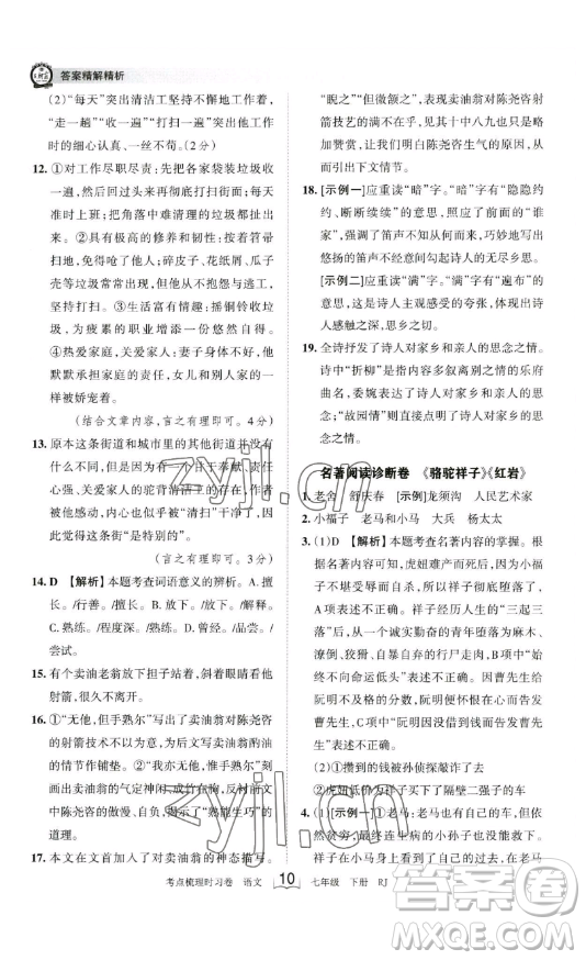 江西人民出版社2023王朝霞考點(diǎn)梳理時(shí)習(xí)卷七年級下冊語文人教版答案