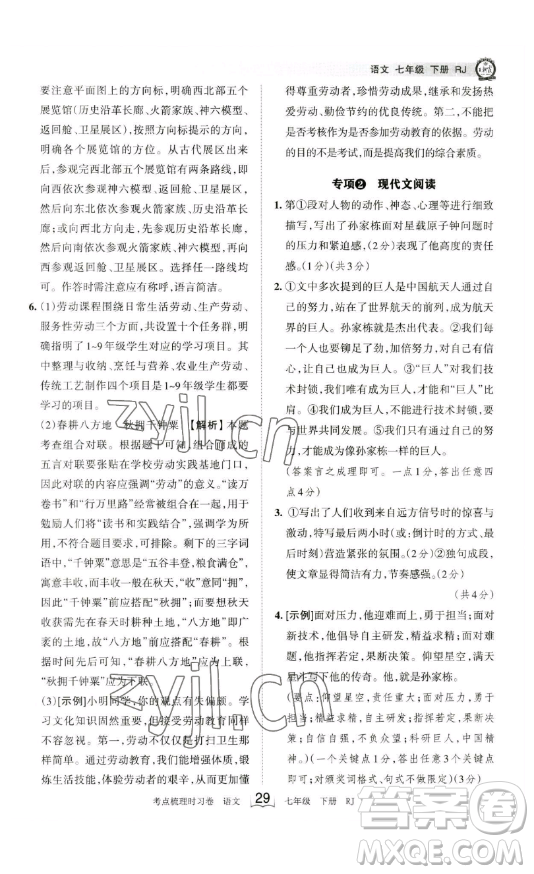 江西人民出版社2023王朝霞考點(diǎn)梳理時(shí)習(xí)卷七年級下冊語文人教版答案