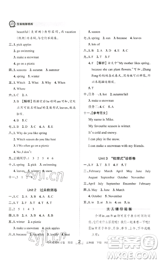 江西人民出版社2023王朝霞考點梳理時習(xí)卷五年級下冊英語人教PEP版答案