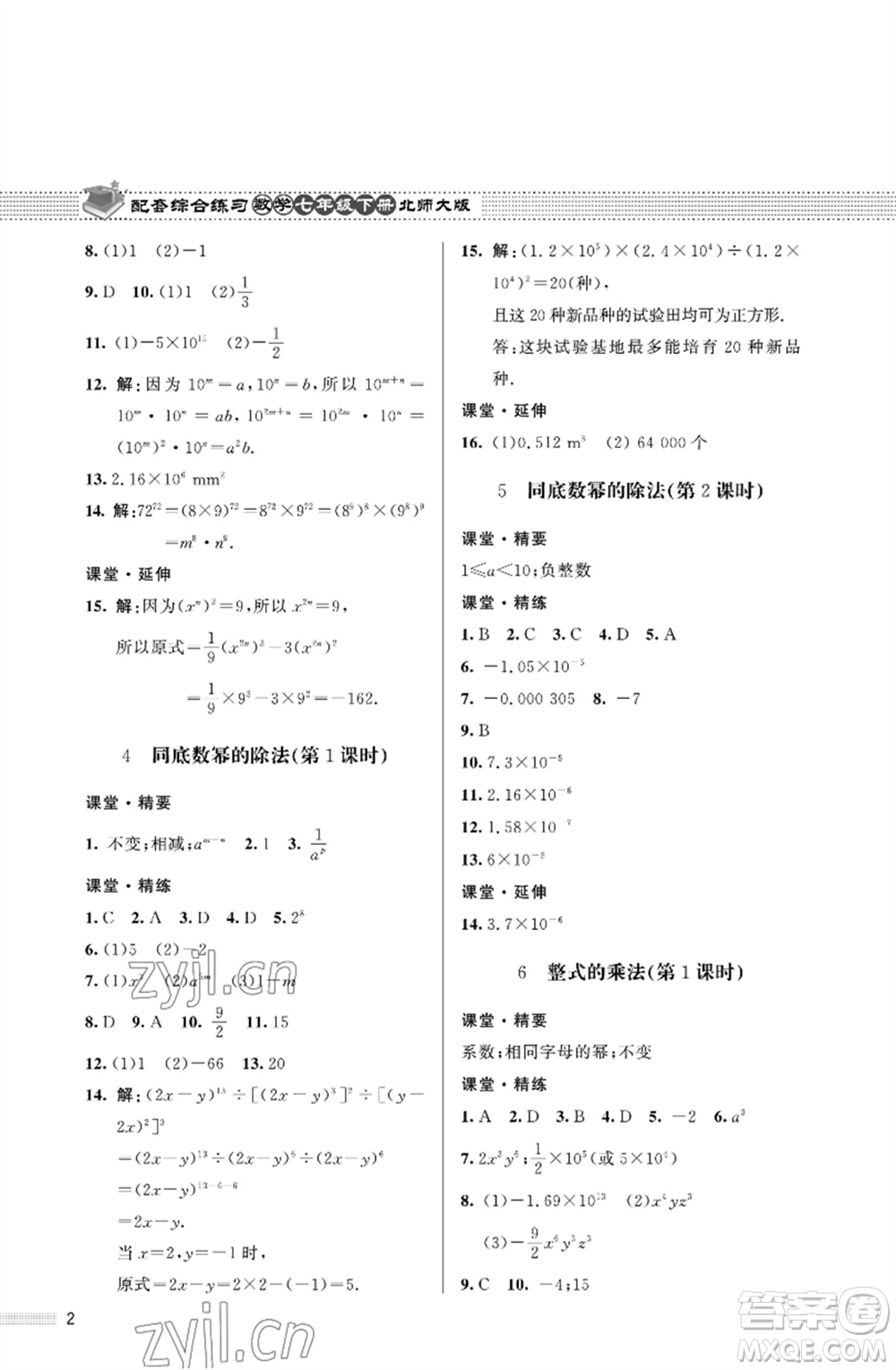 北京師范大學(xué)出版社2023數(shù)學(xué)配套綜合練習(xí)七年級(jí)下冊(cè)北師大版參考答案