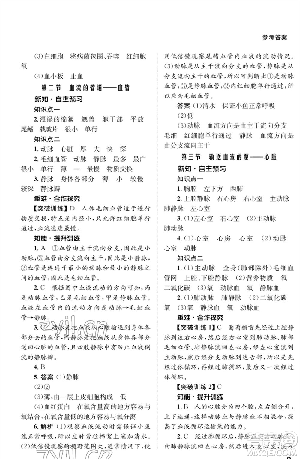 甘肅教育出版社2023生物學(xué)配套綜合練習(xí)七年級下冊人教版參考答案