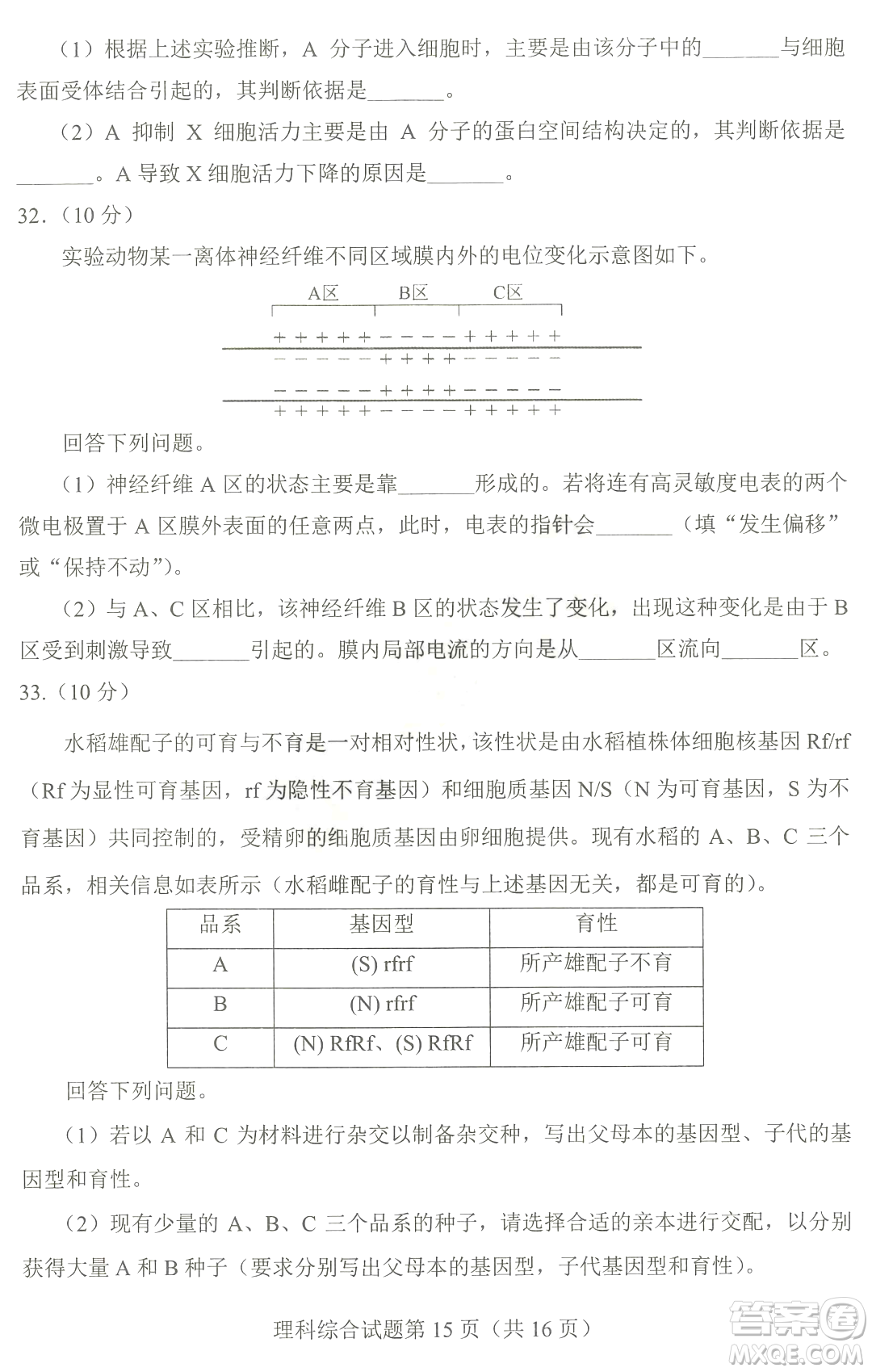 2023四省聯(lián)考高三適應(yīng)性能力測試卷理科綜合試卷答案