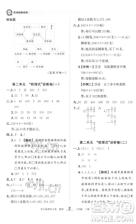 江西人民出版社2023王朝霞考點(diǎn)梳理時(shí)習(xí)卷三年級(jí)下冊(cè)數(shù)學(xué)人教版答案