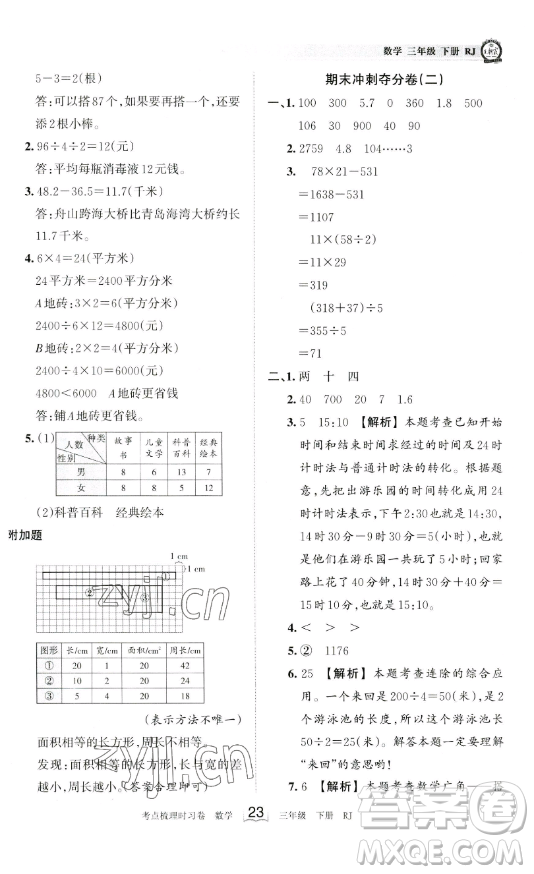 江西人民出版社2023王朝霞考點(diǎn)梳理時(shí)習(xí)卷三年級(jí)下冊(cè)數(shù)學(xué)人教版答案