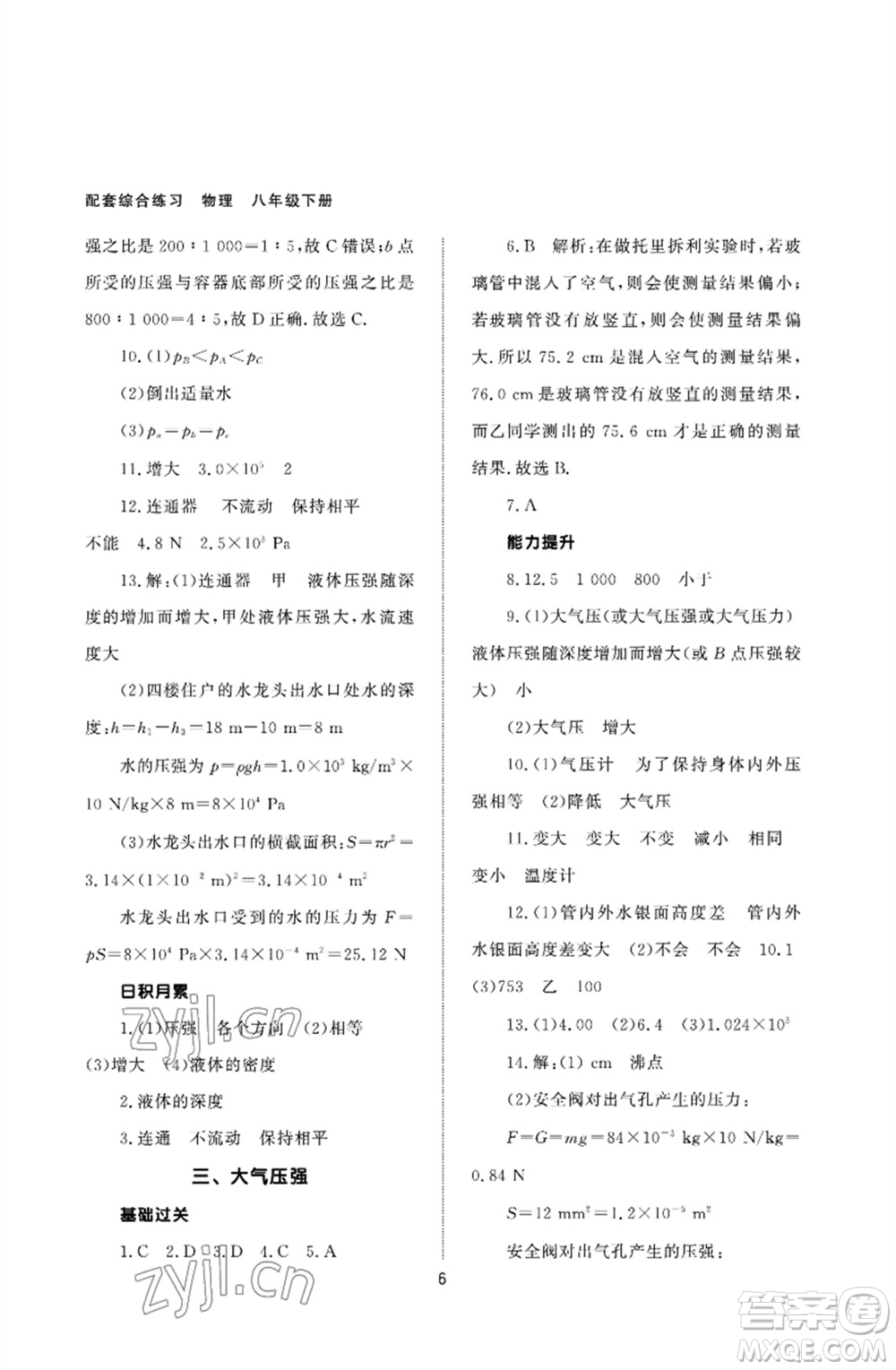 北京師范大學(xué)出版社2023物理配套綜合練習(xí)八年級下冊人教版參考答案