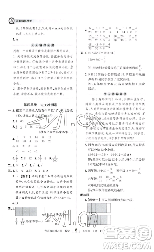 江西人民出版社2023王朝霞考點梳理時習卷五年級下冊數(shù)學人教版答案