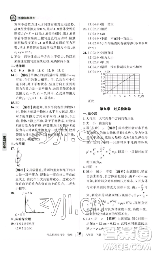 江西人民出版社2023王朝霞考點梳理時習(xí)卷八年級下冊物理人教版答案