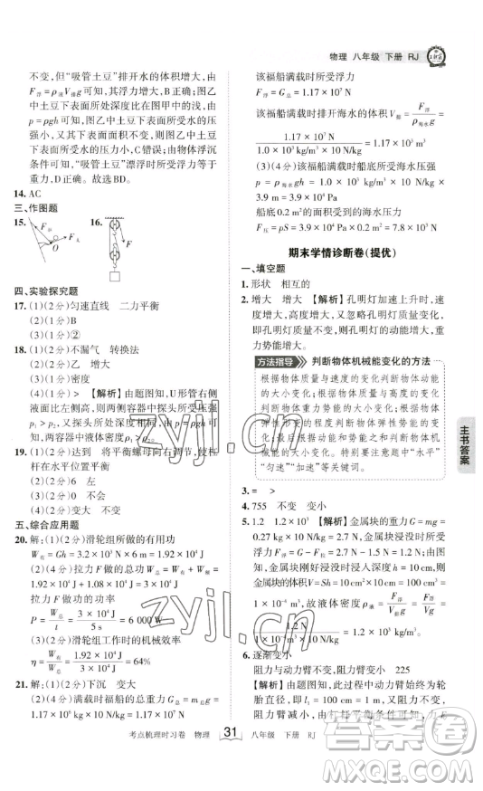 江西人民出版社2023王朝霞考點梳理時習(xí)卷八年級下冊物理人教版答案