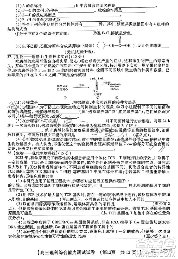 河南省2022-2023下學(xué)年高三年級TOP二十名校二月調(diào)研考理科綜合試卷答案