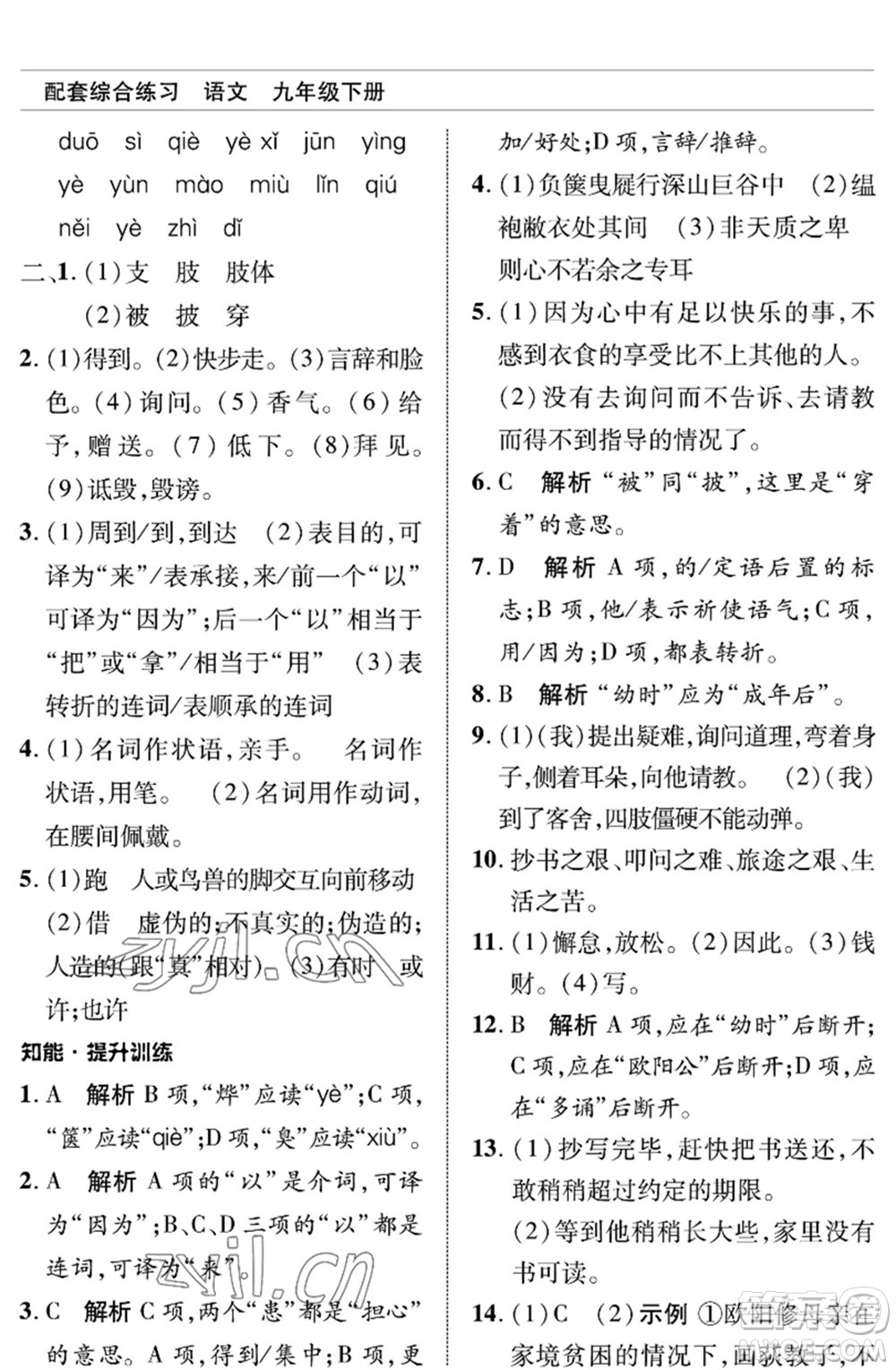 北京師范大學(xué)出版社2023語文配套綜合練習(xí)九年級(jí)下冊(cè)人教版參考答案