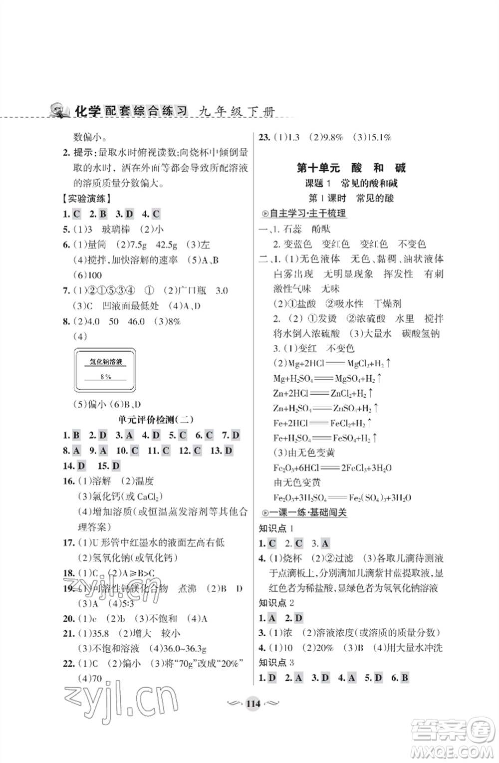 甘肅文化出版社2023化學(xué)配套綜合練習(xí)九年級下冊人教版參考答案