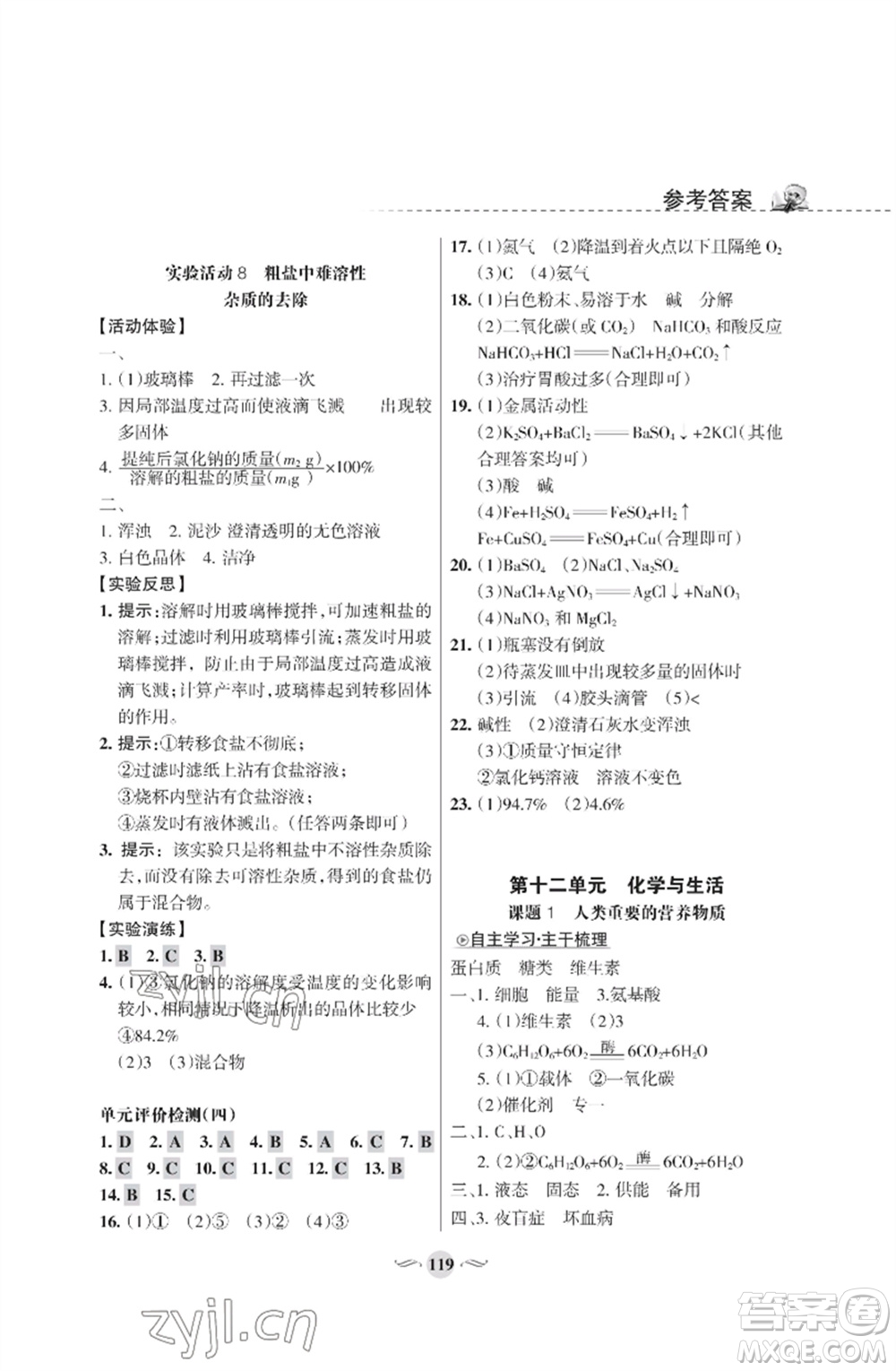 甘肅文化出版社2023化學(xué)配套綜合練習(xí)九年級下冊人教版參考答案