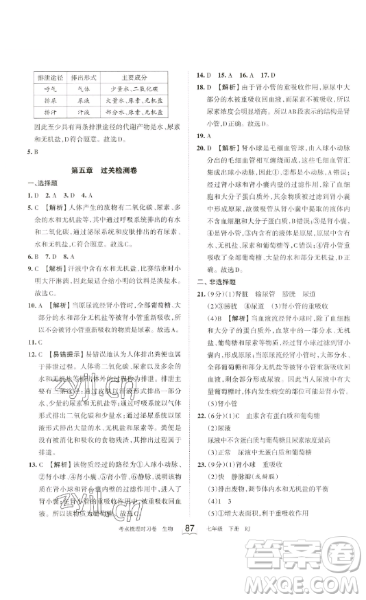 江西人民出版社2023王朝霞考點(diǎn)梳理時(shí)習(xí)卷七年級(jí)下冊(cè)生物人教版答案