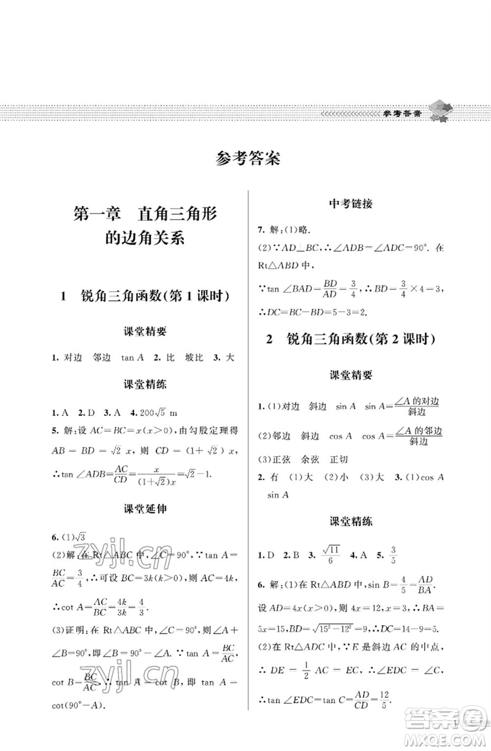 北京師范大學(xué)出版社2023數(shù)學(xué)配套綜合練習(xí)九年級下冊北師大版參考答案