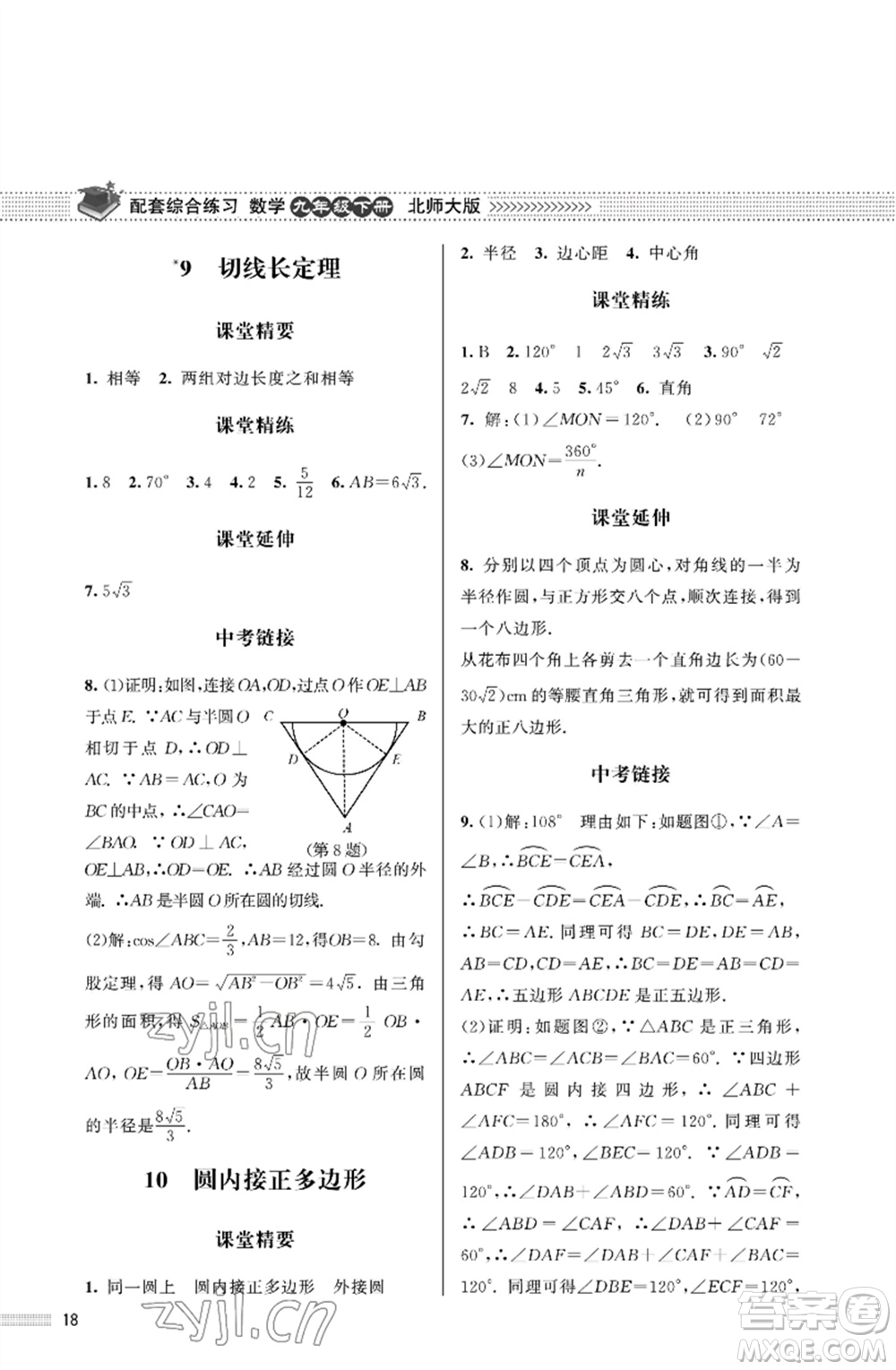 北京師范大學(xué)出版社2023數(shù)學(xué)配套綜合練習(xí)九年級下冊北師大版參考答案