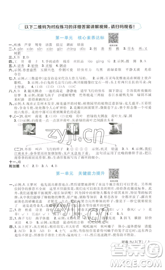 江西教育出版社2023陽(yáng)光同學(xué)一線名師全優(yōu)好卷三年級(jí)語(yǔ)文下冊(cè)人教版浙江專(zhuān)版參考答案