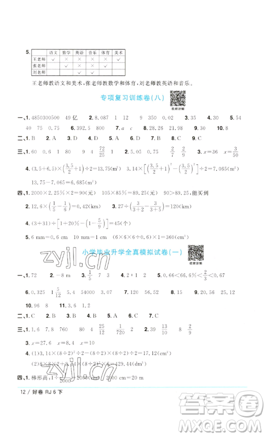 江西教育出版社2023陽光同學(xué)一線名師全優(yōu)好卷六年級數(shù)學(xué)下冊人教版參考答案