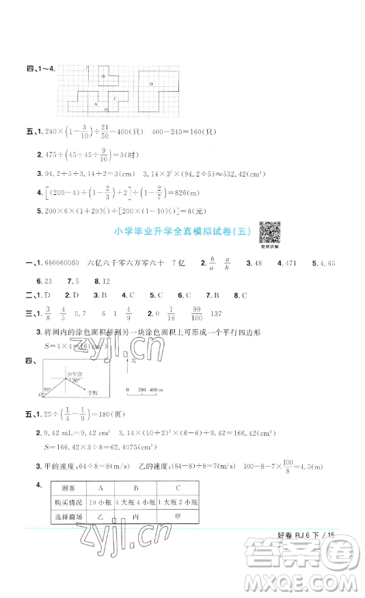 江西教育出版社2023陽光同學(xué)一線名師全優(yōu)好卷六年級數(shù)學(xué)下冊人教版參考答案