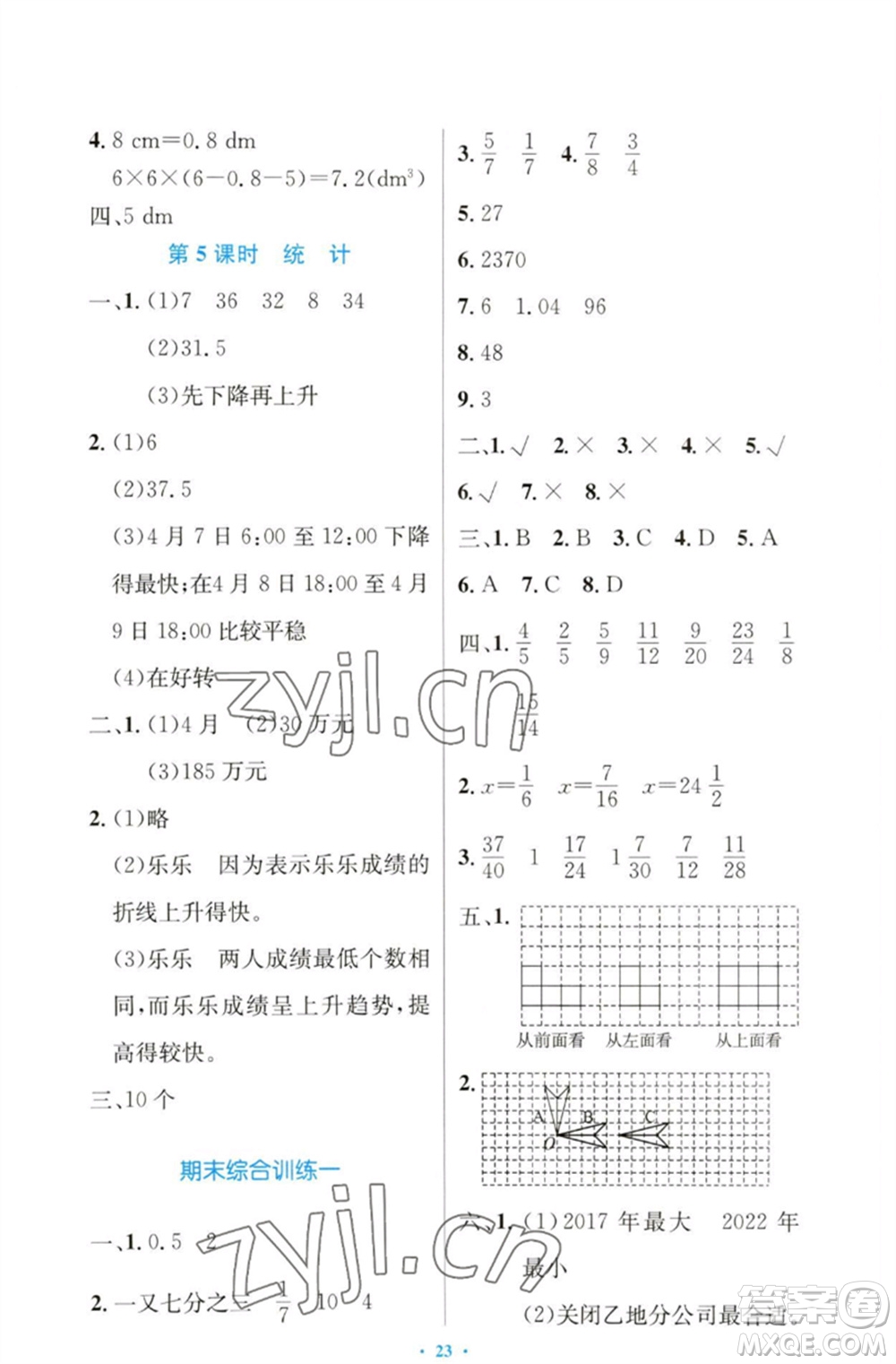 人民教育出版社2023小學(xué)同步測控優(yōu)化設(shè)計五年級數(shù)學(xué)下冊人教版增強(qiáng)版參考答案