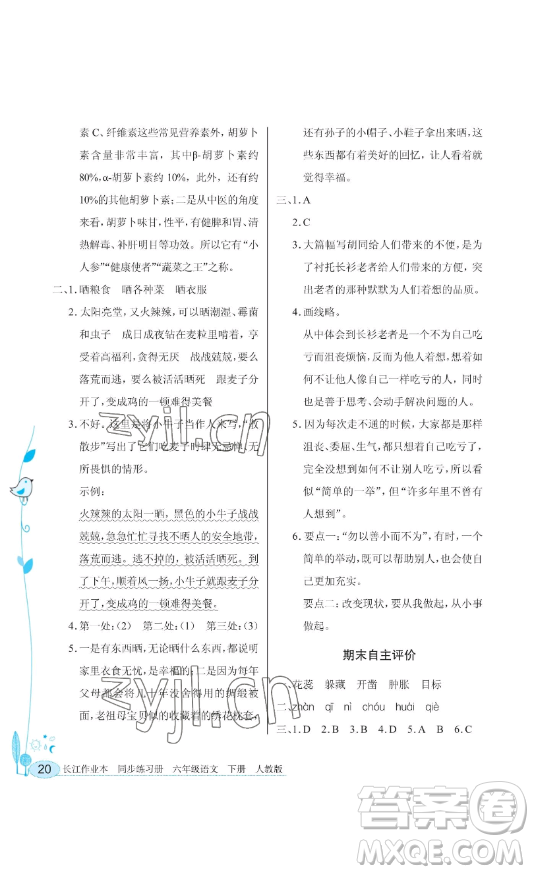 湖北教育出版社2023長江作業(yè)本同步練習(xí)冊(cè)六年級(jí)語文下冊(cè)人教版參考答案