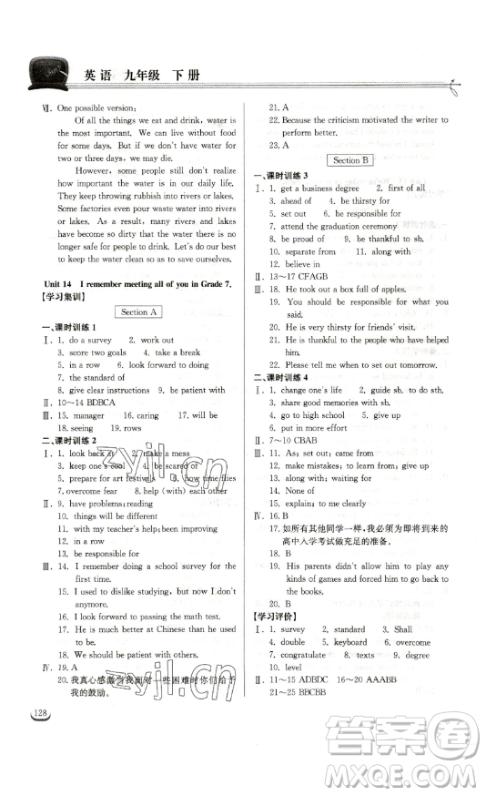 湖北教育出版社2023長江作業(yè)本同步練習(xí)冊九年級英語下冊人教版參考答案