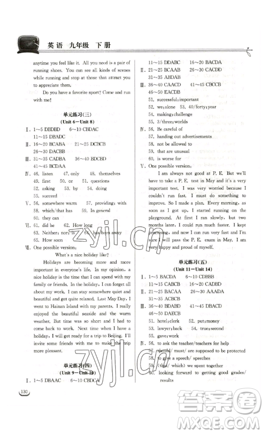 湖北教育出版社2023長江作業(yè)本同步練習(xí)冊九年級英語下冊人教版參考答案