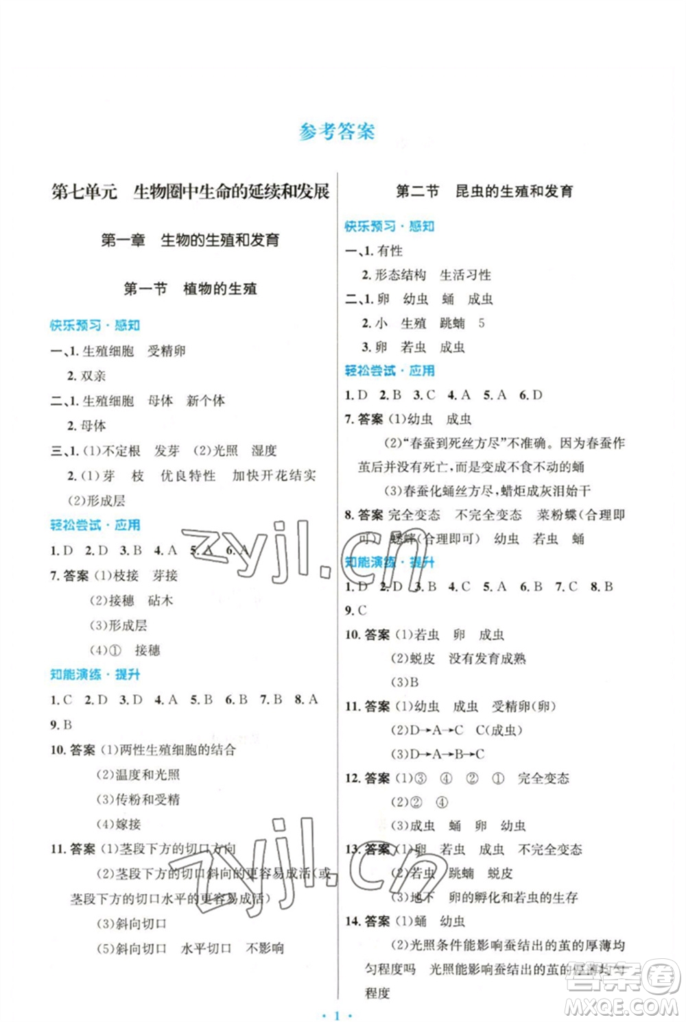 人民教育出版社2023初中同步測控優(yōu)化設(shè)計八年級生物下冊人教版精編版參考答案