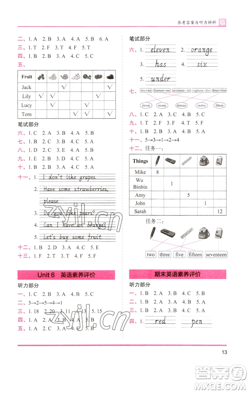 湖南師范大學出版社2023木頭馬分層課課練三年級英語下冊部編版福建專版參考答案