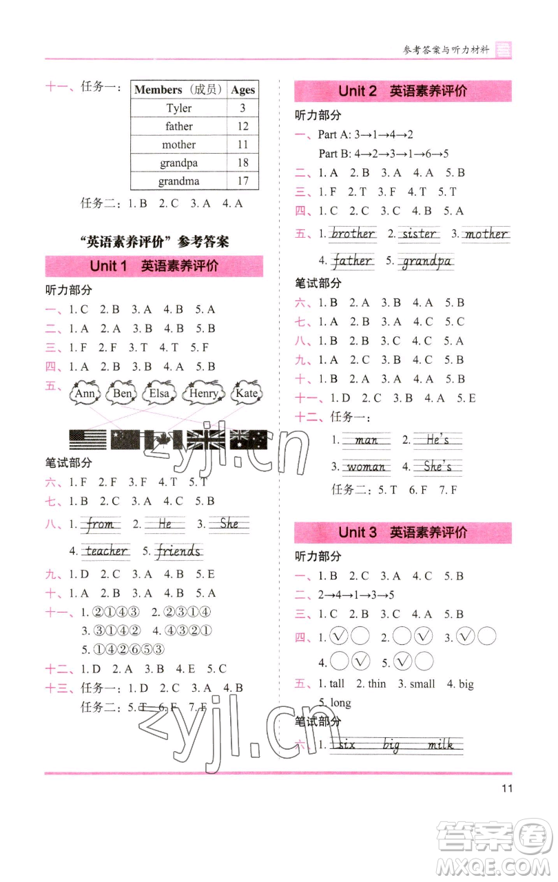 湖南師范大學出版社2023木頭馬分層課課練三年級英語下冊部編版福建專版參考答案