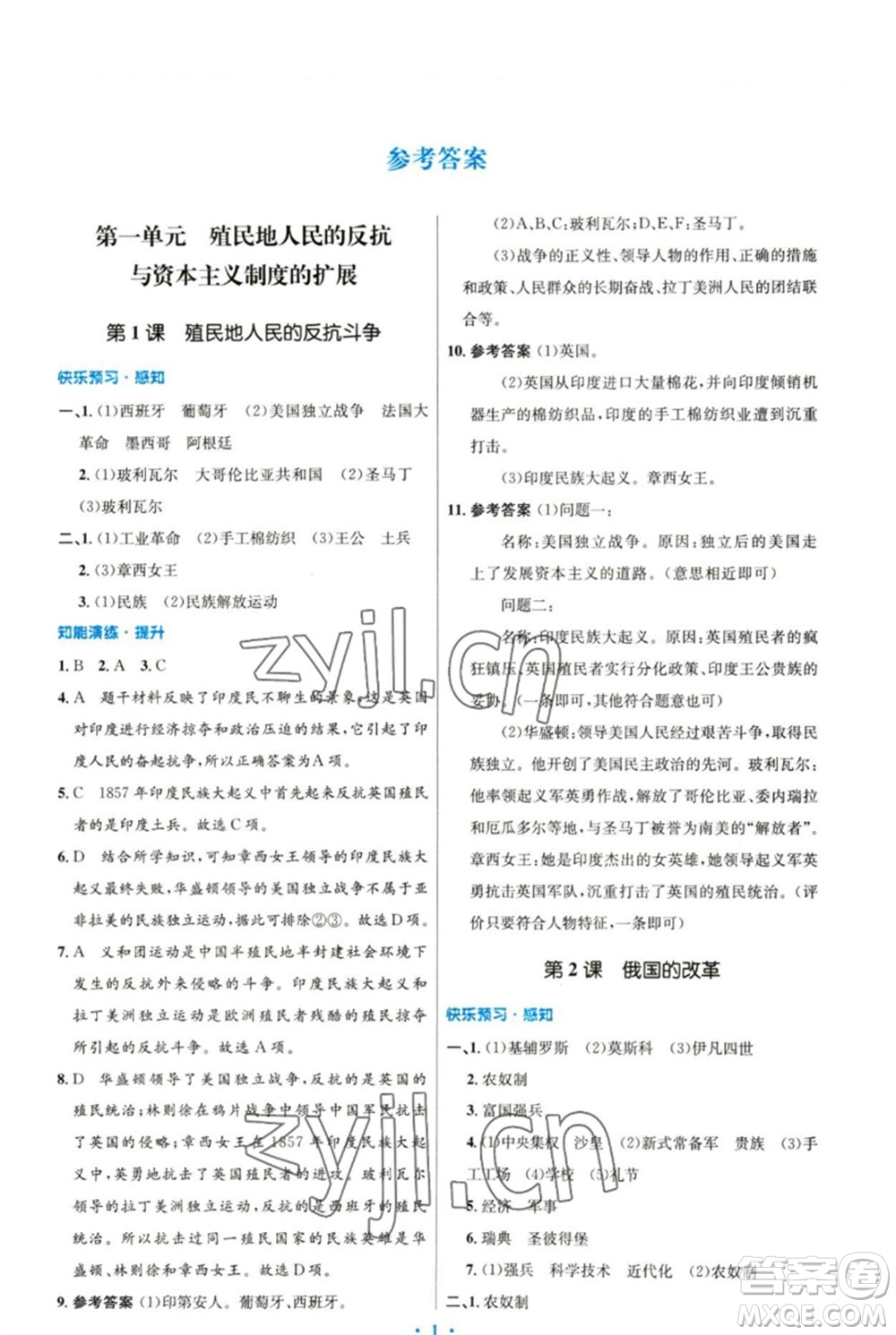 人民教育出版社2023初中同步測控優(yōu)化設(shè)計(jì)九年級(jí)世界歷史下冊(cè)人教版參考答案