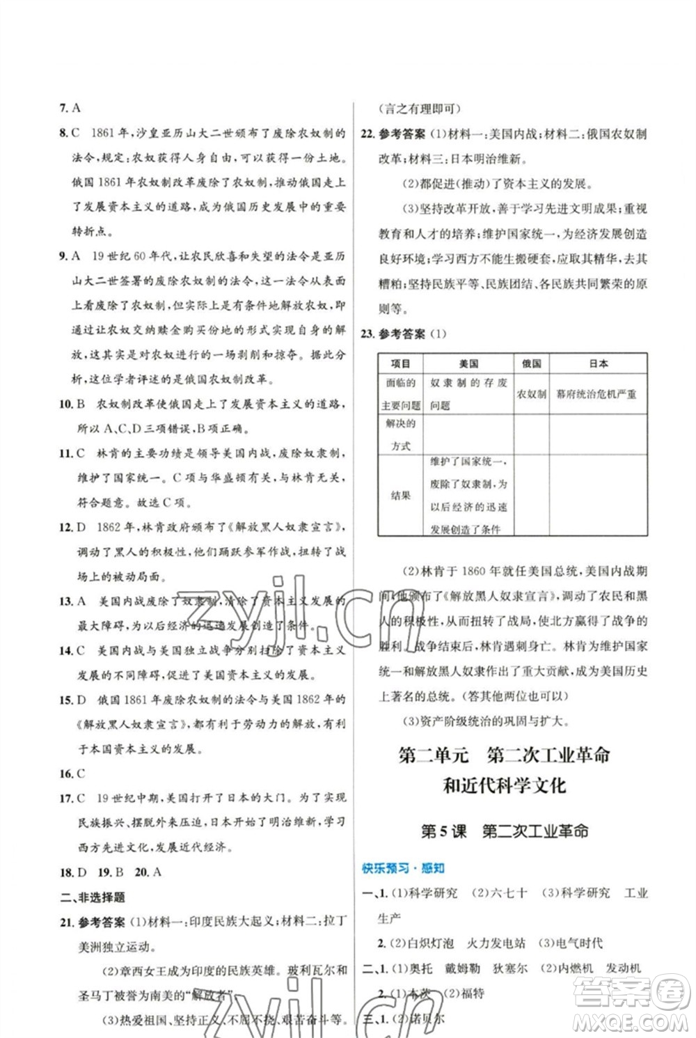 人民教育出版社2023初中同步測控優(yōu)化設(shè)計(jì)九年級(jí)世界歷史下冊(cè)人教版參考答案