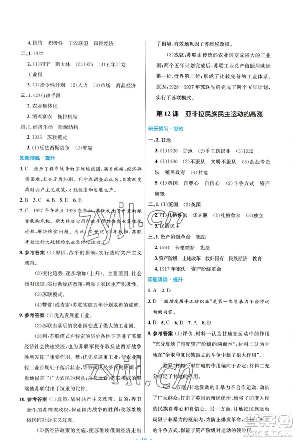 人民教育出版社2023初中同步測控優(yōu)化設(shè)計(jì)九年級(jí)世界歷史下冊(cè)人教版參考答案