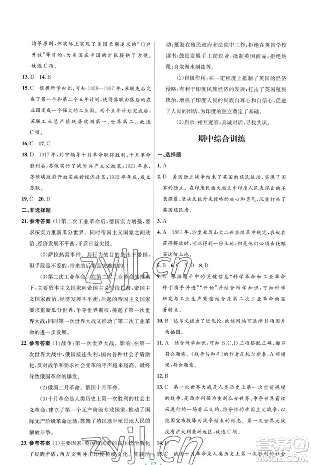 人民教育出版社2023初中同步測控優(yōu)化設(shè)計(jì)九年級(jí)世界歷史下冊(cè)人教版參考答案