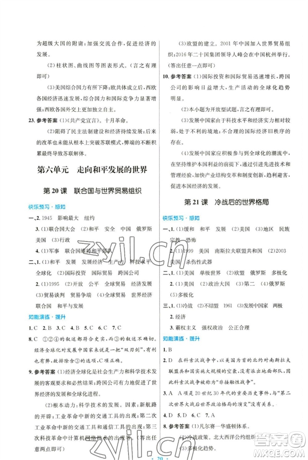 人民教育出版社2023初中同步測控優(yōu)化設(shè)計(jì)九年級(jí)世界歷史下冊(cè)人教版參考答案